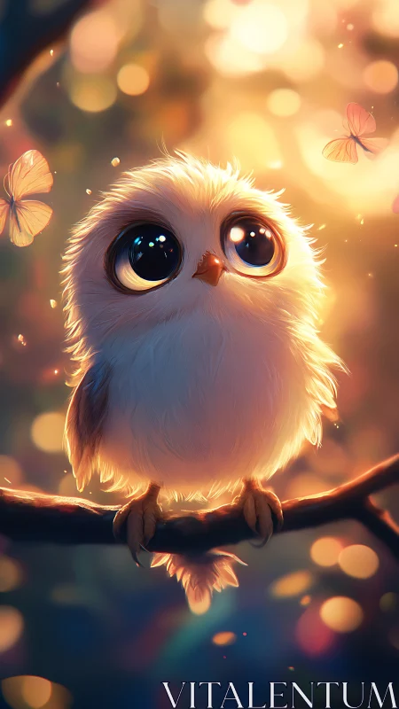 Small stylized owl sits on branch amid blurred light orbs