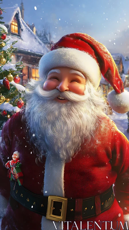 Digital Santa Claus character in snowy village setting.