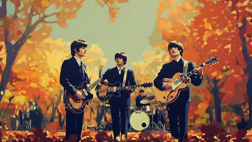 Autumn park rock band performance in stylized vector palette.