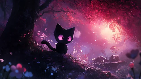 Black Cat With Glowing Magenta Eyes in Enchanted Forest
