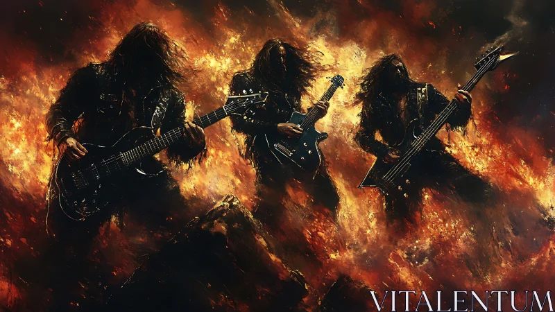 Inferno stage storm: metal guitarists shredding through fire.