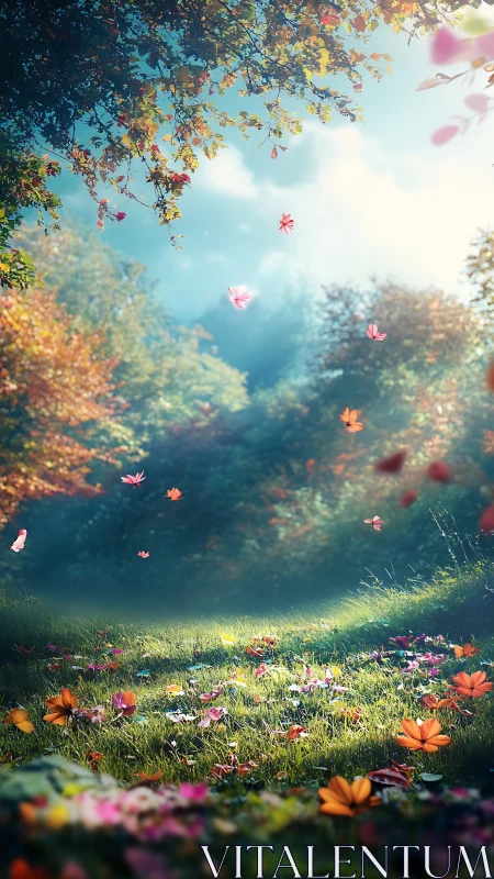 Autumn meadow rendered with volumetric light and depth-of-field control