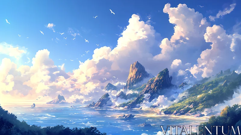 Majestic Coastal Peaks Embraced by Heavenly Clouds