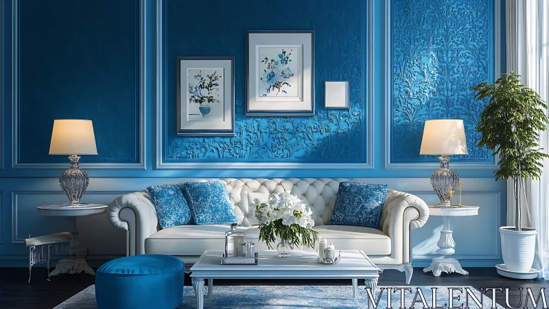 Cozy blue living room with elegant sofa and soft golden light.