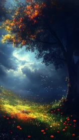 Luminous meadow opens beneath storm clouds and blazing tree