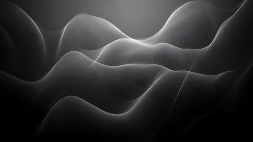 Shimmering grayscale waveforms in ethereal flowing layers.