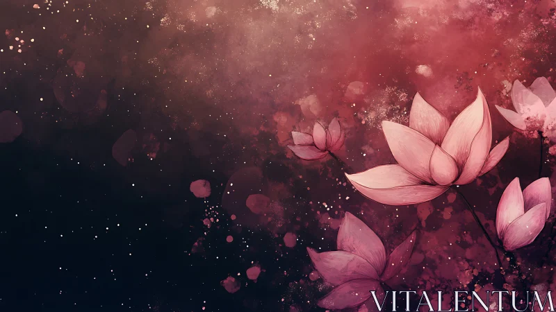 Pink lotus flowers with particle effects on dark background.