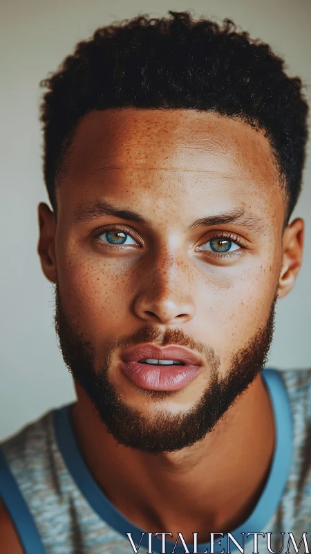 Close portrait of young man with beard and blue eyes.