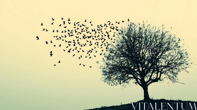 Bare tree silhouette with flock of birds leaving at dusk.