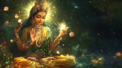 Radiant goddess sits in lotus pose amid glowing forest light