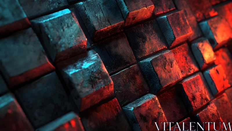 Metallic cubes with dramatic red and blue lighting, abstract 3D style.