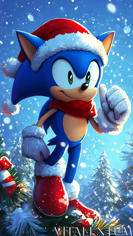 Blue cartoon hedgehog in Santa outfit on snowy branch.