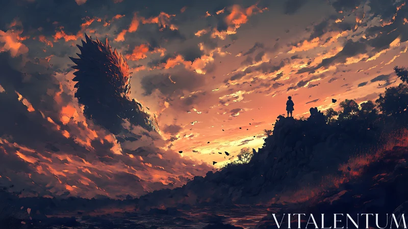 Sunset sky opens as lone wanderer meets towering dragon