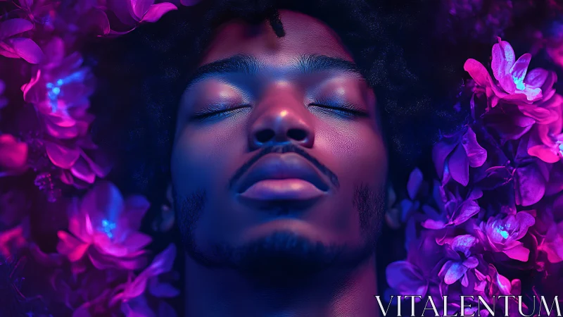 Neon-lit portrait of serene face framed by magenta florals.