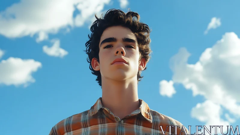 Skyward daydreamer in plaid beneath wandering cotton clouds.