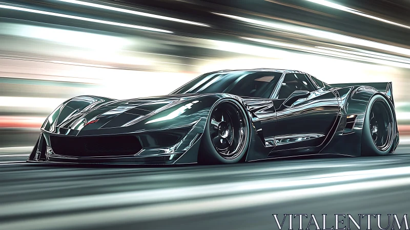 Sleek black supercar racing through neon city tunnel at speed.