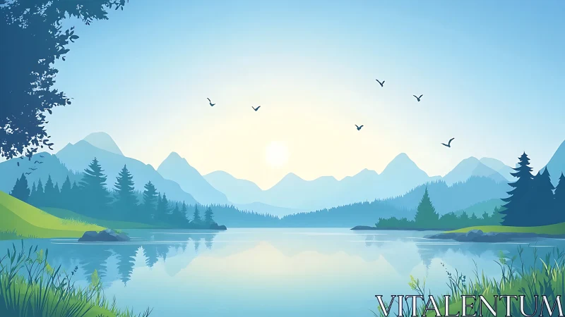 Sun-bathed mountain lake whispering in pastel morning hush.