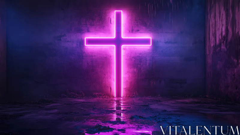 Neon magenta cruciform light in wet concrete chamber environment.