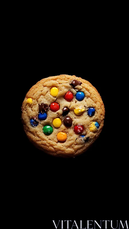 Golden Cookie with Colorful M&M Candy Coating Against Black Background