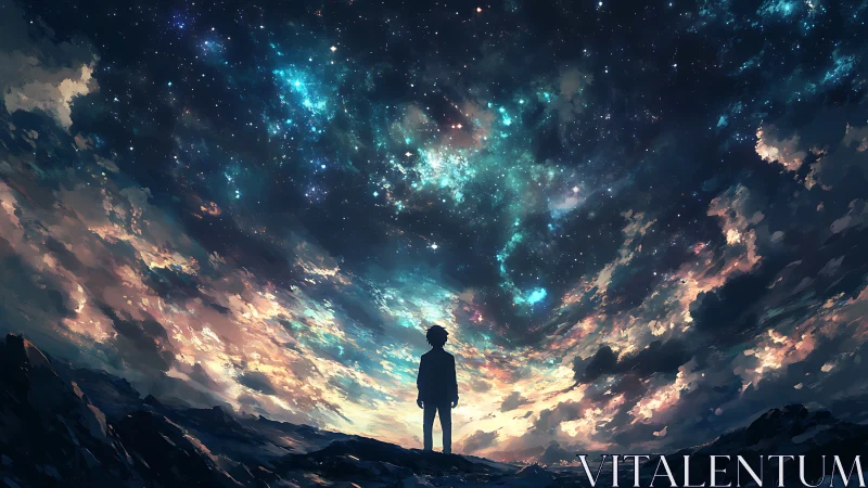 Silhouetted observer under nebular sky gradient and cloud strata.