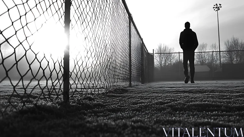 Solitary figure walking on empty frosty tennis court.