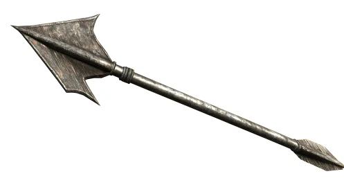Forged metal war mace with polygonal flanged impact head.