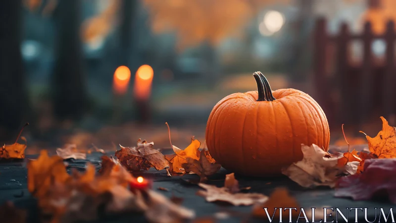 Autumn pumpkin rests among leaves in soft candlelit dusk