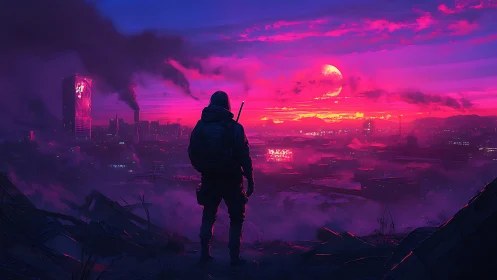 Lone wanderer gazes over neon pink cyberpunk sunrise.