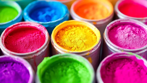 Vibrant powdered pigments fill open jars in tight macro view