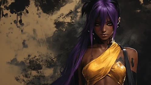 Purple-haired warrior woman against abstract ink backdrop.