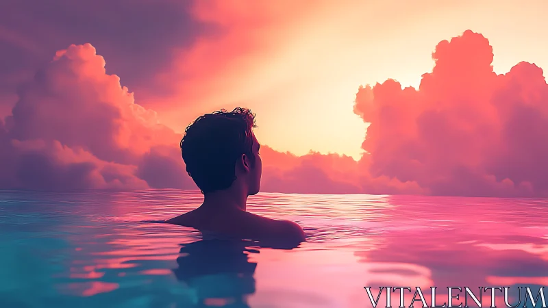 Solitary swimmer gazes toward a neon pastel sunset horizon.