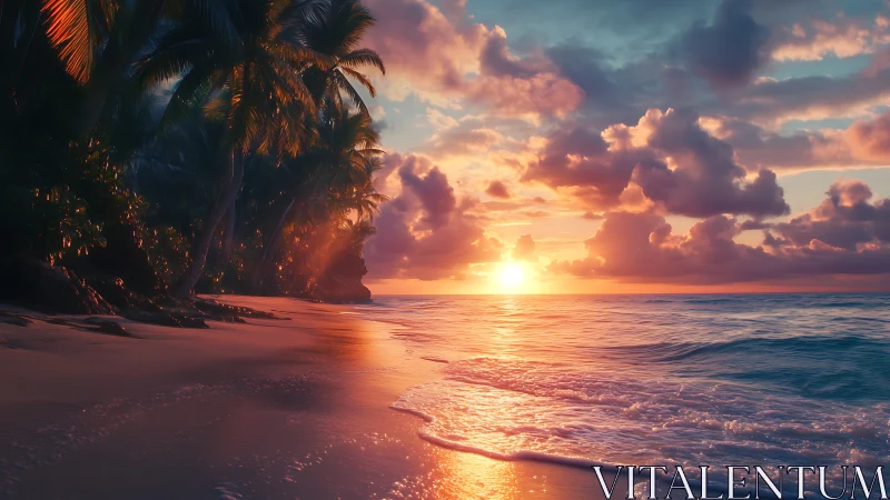 Sunset illuminates tropical palm beach and reflective waves