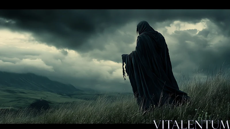 Cloaked wanderer harvests thunder from a brooding valley sky
