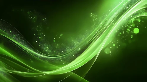 Vibrant green abstract waves with glowing particles digital art.