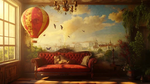 Surreal red sofa room with hot air balloon mural dreamscape.