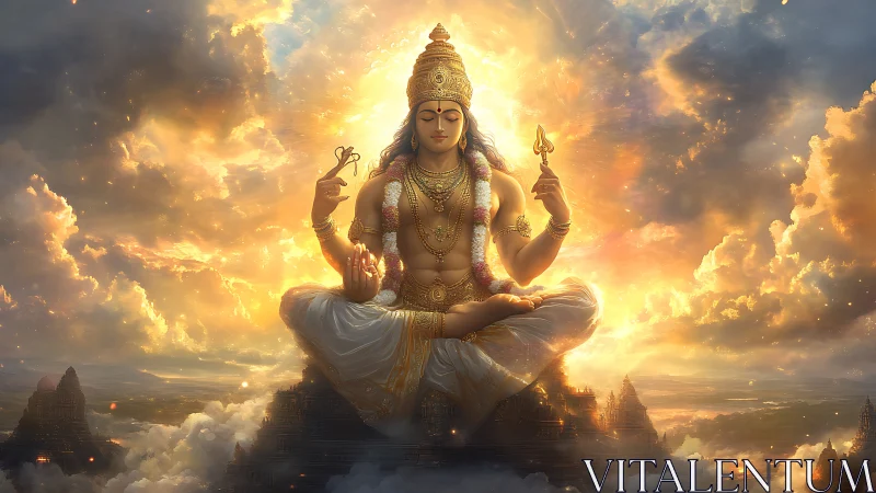 Radiant celestial deity meditating above sunlit clouds.