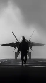 Pilot strides toward shadowed jet in swirling morning fog.