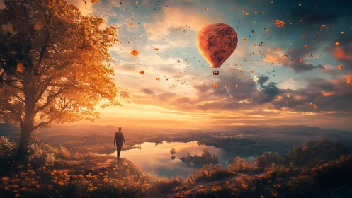 Solitary figure observing hot air balloon over lake at dusk.