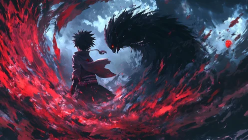 Storm of red shadows around a lone, defiant sorcerer.