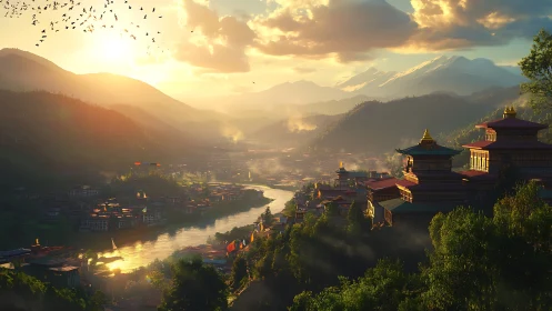 Sunlit river valley with tiered temples and distant mountains