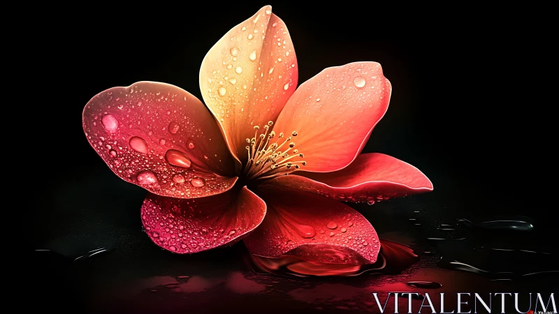 Radiant Petals Glistening with Dewdrops Against Black.