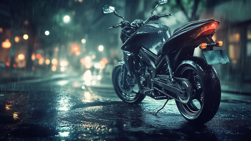 Sport motorcycle under urban rain with wet reflective asphalt