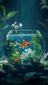 Goldfish in glass bowl among underwater plants.