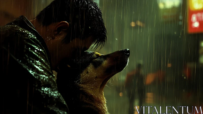 Rain-soaked man and dog in neon-lit night city close embrace