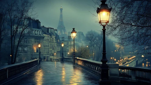 Foggy Paris bridge at night with Eiffel Tower skyline view.