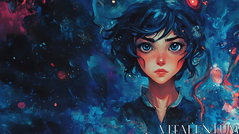 Digital painting portrait with cosmic blue expressionist field.