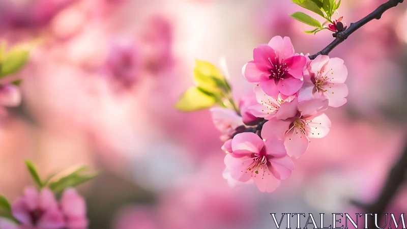 Soft pink cherry blossoms glow gently in dreamy spring light