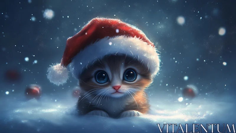 Wide-aperture winter portrait of kitten in Santa hat, bokeh snow