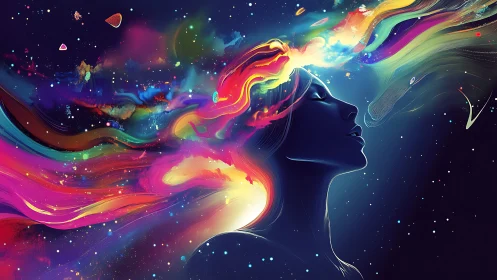 Cosmic silhouette with flowing neon aurora mindscape.