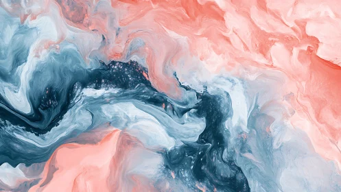 Coral and teal fluid abstraction with swirling marbled currents.